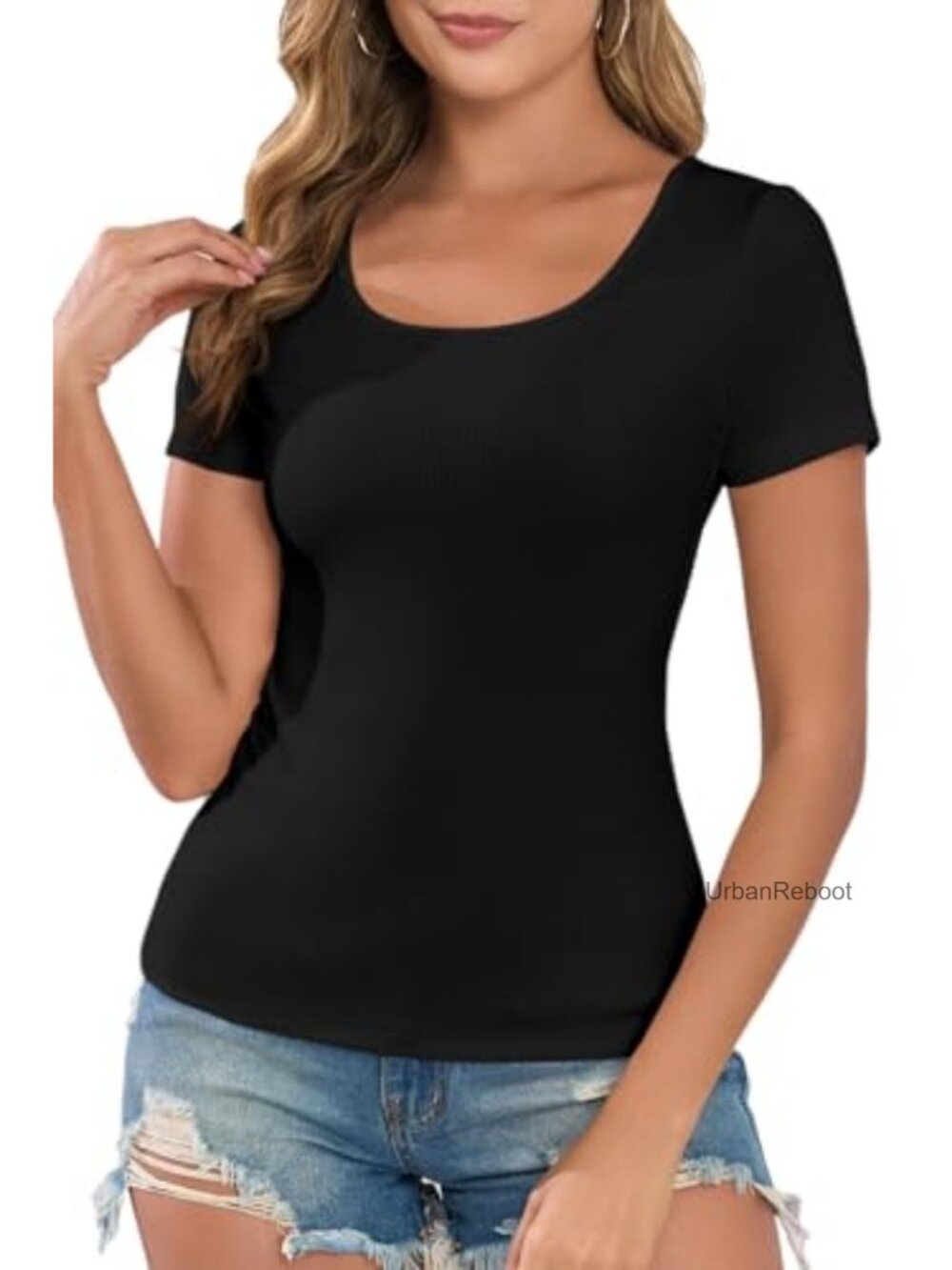 Ribbed Knit Scoop Neck Short Sleeve Slim Fit Bodycon T-Shirt